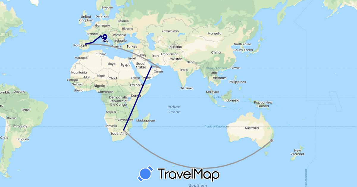 TravelMap itinerary: driving, plane in Australia, Spain, France, Italy, Oman, Qatar, South Africa (Africa, Asia, Europe, Oceania)